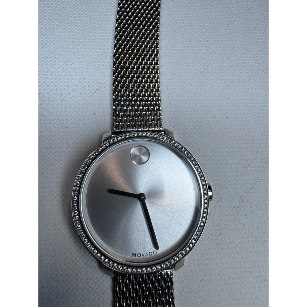 Movado Bold Women's Swiss Quartz Watch Crystal Bezel Silver Mesh Bracelet